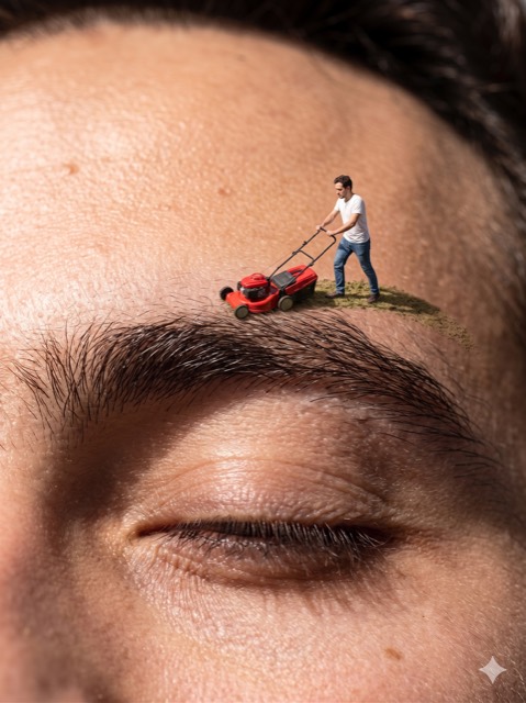 Nano Banana Pro: Mini Man Mows Giant Eyebrow—Macro Craze