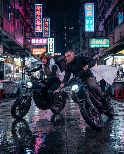 Editorial Cyberpunk Night Market — Courier Blazing Through Rain-Soaked Neon Streets
