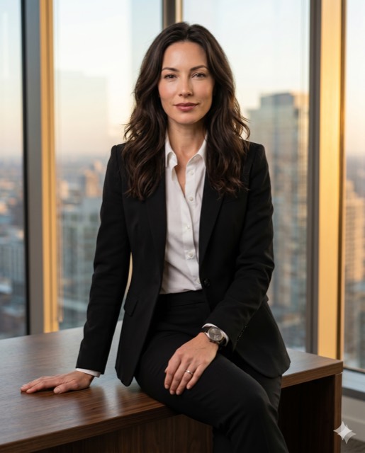 Refined LinkedIn Executive Headshot — Calm Founder in Tailored Black Suit, Studio Office