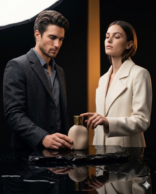 Cinematic Ecommerce Product Campaign A Ceramic Perfume Bottle On Wet Obsidian