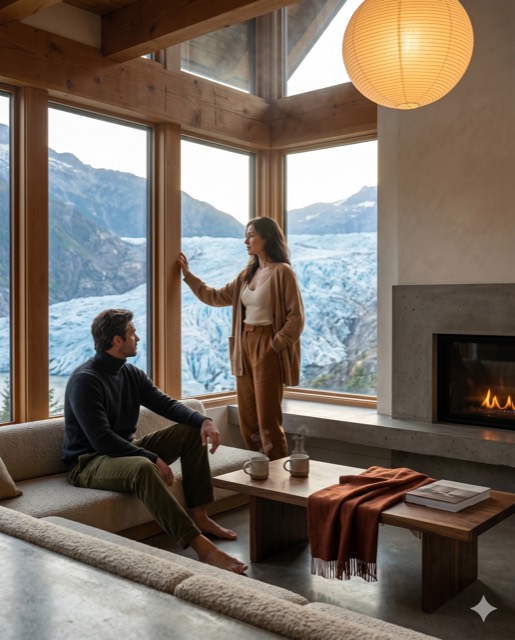 Warm Architectural Digest Interior — Mountain Cabin at the Edge of a Glacier