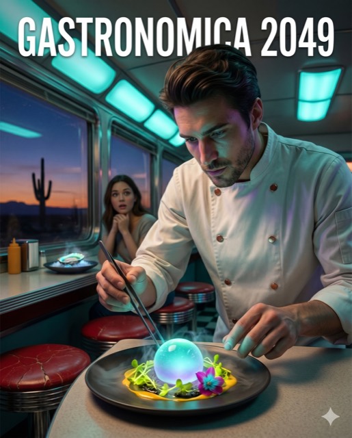 Futuristic Food Magazine Cover — Chef Plating Bioluminescent Cuisine at Desert Diner