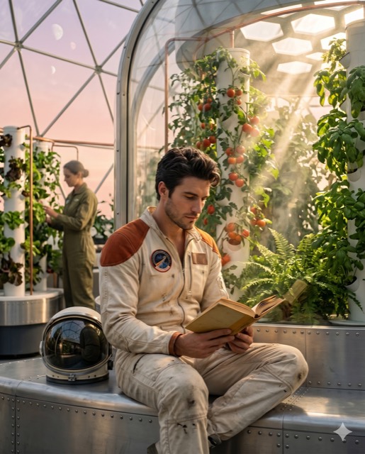 Retro-Futurist Spaceport Greenhouse — Astronaut Lost in a Book Among Orbital Botanics