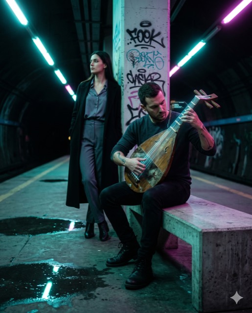 Refined Samurai Noir — Cybernetic Musician Tuning an Ancient Instrument