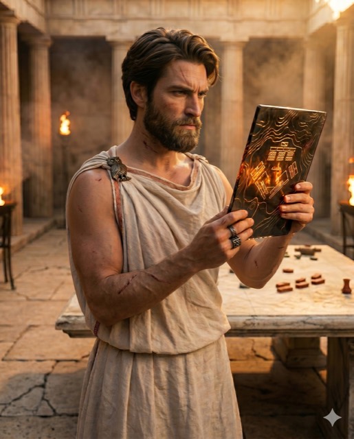 Cinematic Greek Mythology — Goddess of Strategy with Translucent War Tablet