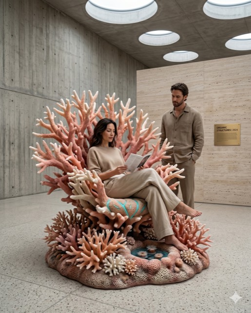 Coral Throne — Living Furniture Installation in a Brutalist Museum Wing