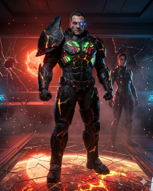 Futuristic Game Villain — Obsidian Exosuit Warlord With Neon Threat Display