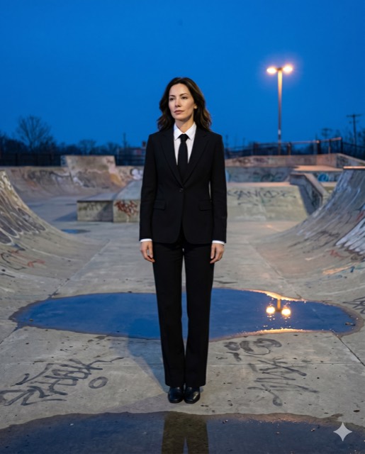 Luxury Skate Culture Editorial — Calm Founder in Tailored Black Suit at Empty Skatepark