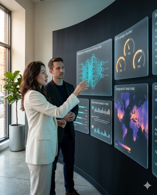Editorial SaaS Dashboard Scene — Modular AI Analytics Command Center
