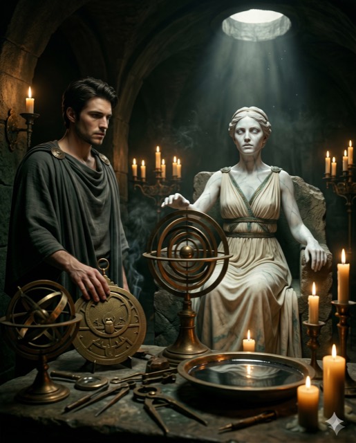 Marble Oracle & Bronze Divination Instruments — Cinematic Horror Tableau