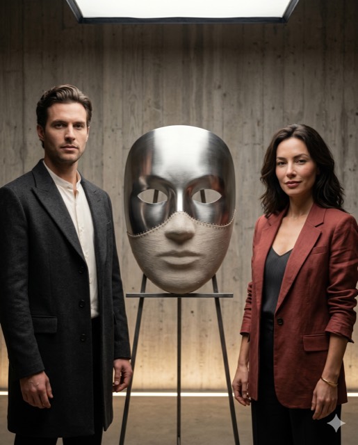 Refined Podcast Cover Art — Theatrical Mask of Chrome & Linen